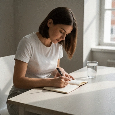Person writing in a journal about their acid reflux symptoms, with a pen and a glass of water nearby