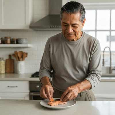 Person choosing smaller portions of healthy food on a plate