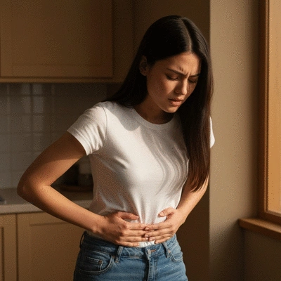 Person holding their stomach in discomfort after eating, representing acid reflux